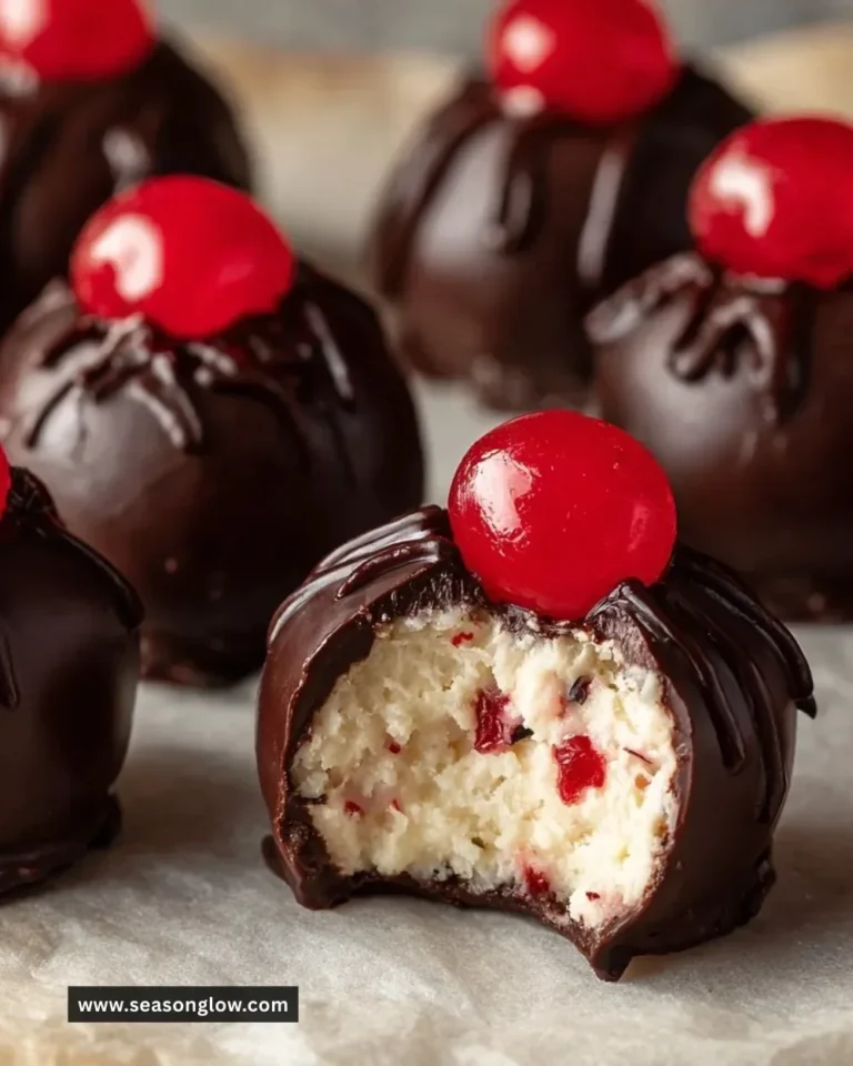Delicious homemade Cherry Bourbon Balls with chocolate coating and cherries