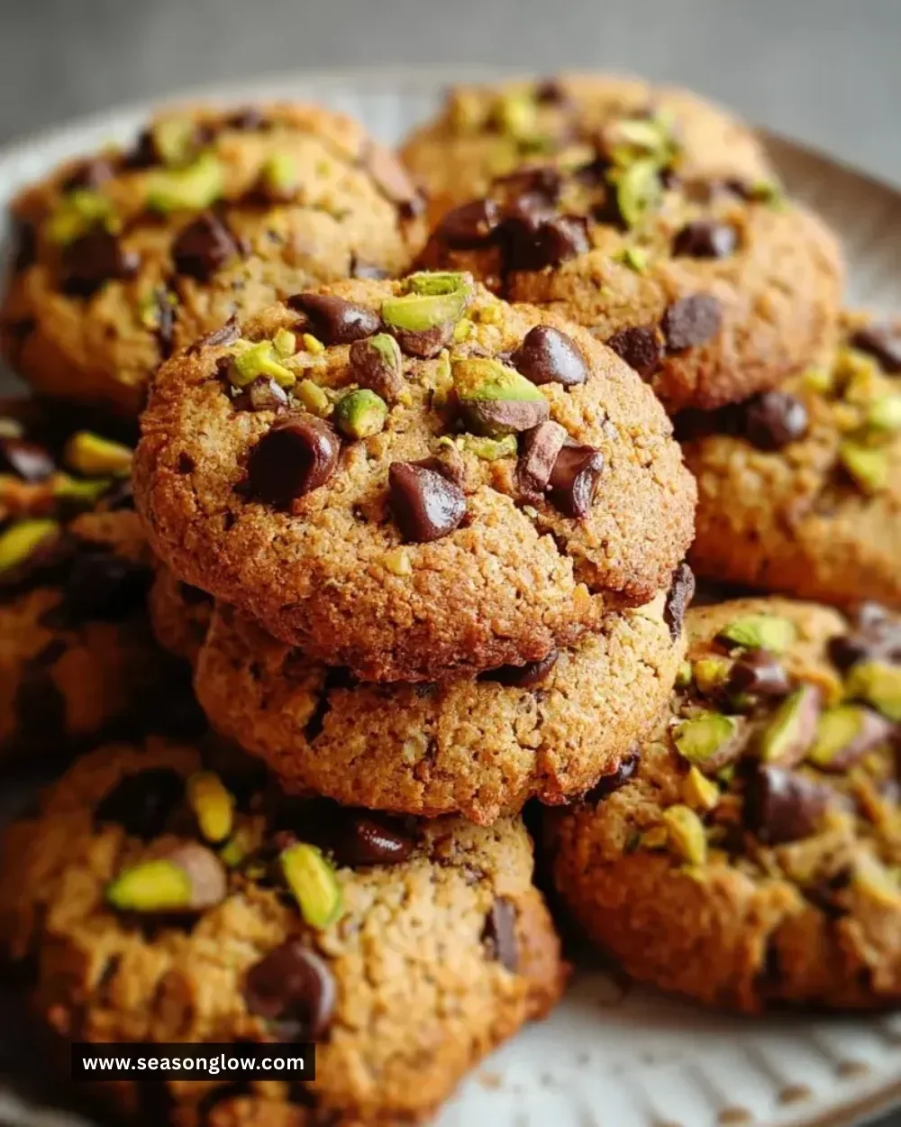 Delicious Chocolate Chip Pistachio Cookies on a cooling rack.