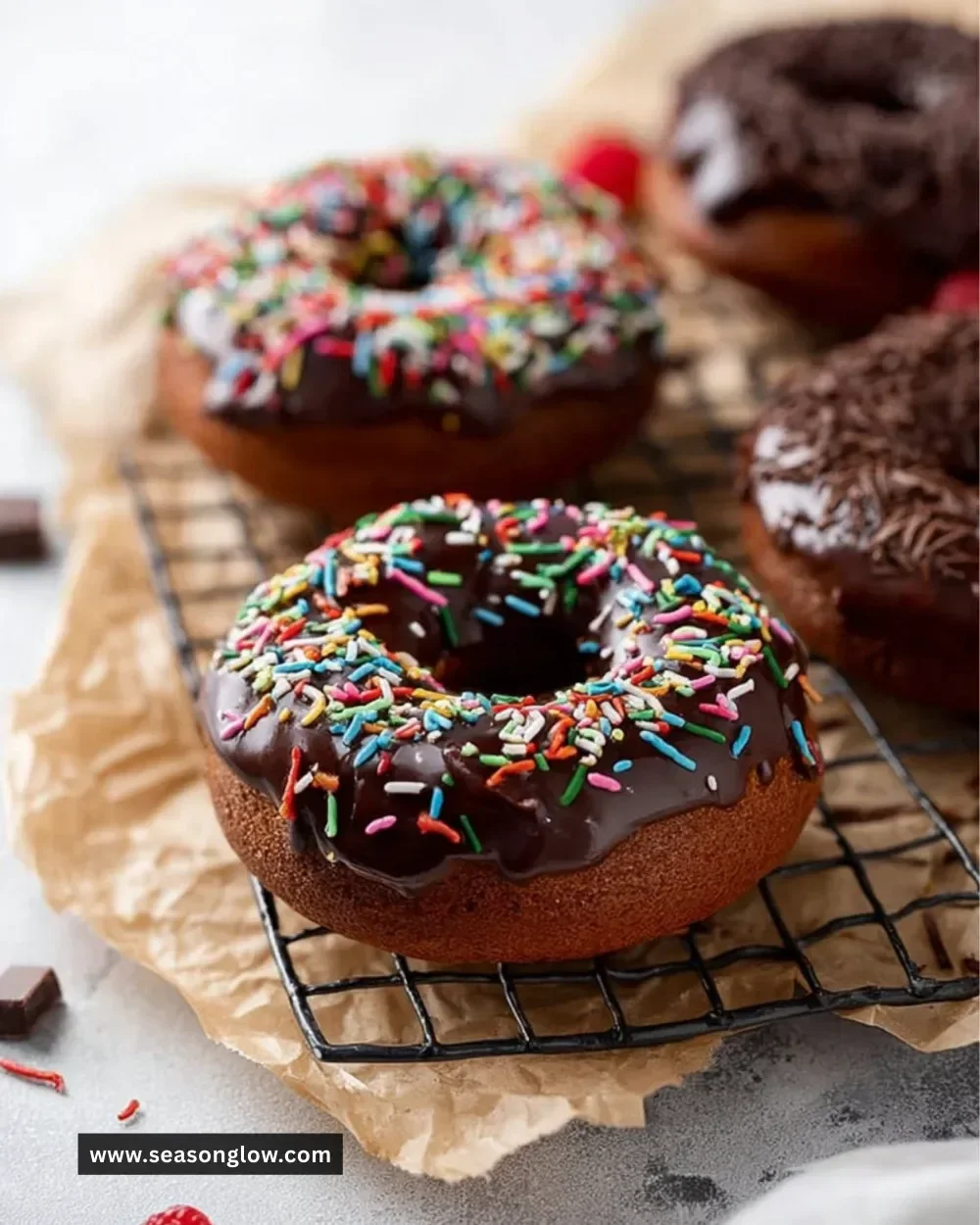 Delicious chocolate glazed doughnuts arranged on a plate.
