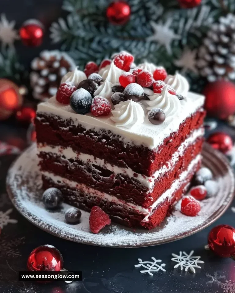 Delicious slice of Christmas Red Velvet Poke Cake with festive decorations