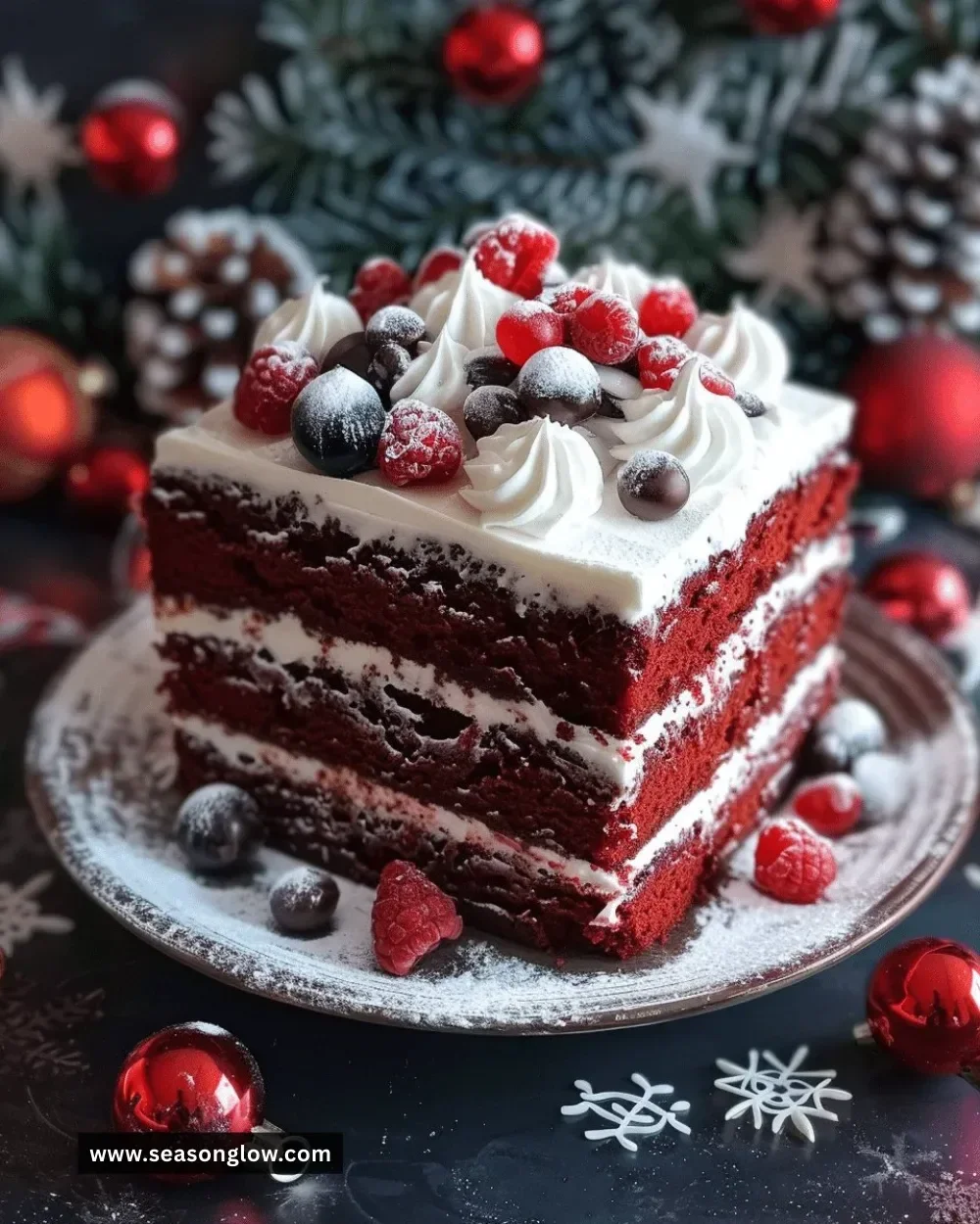 Delicious slice of Christmas Red Velvet Poke Cake with festive decorations