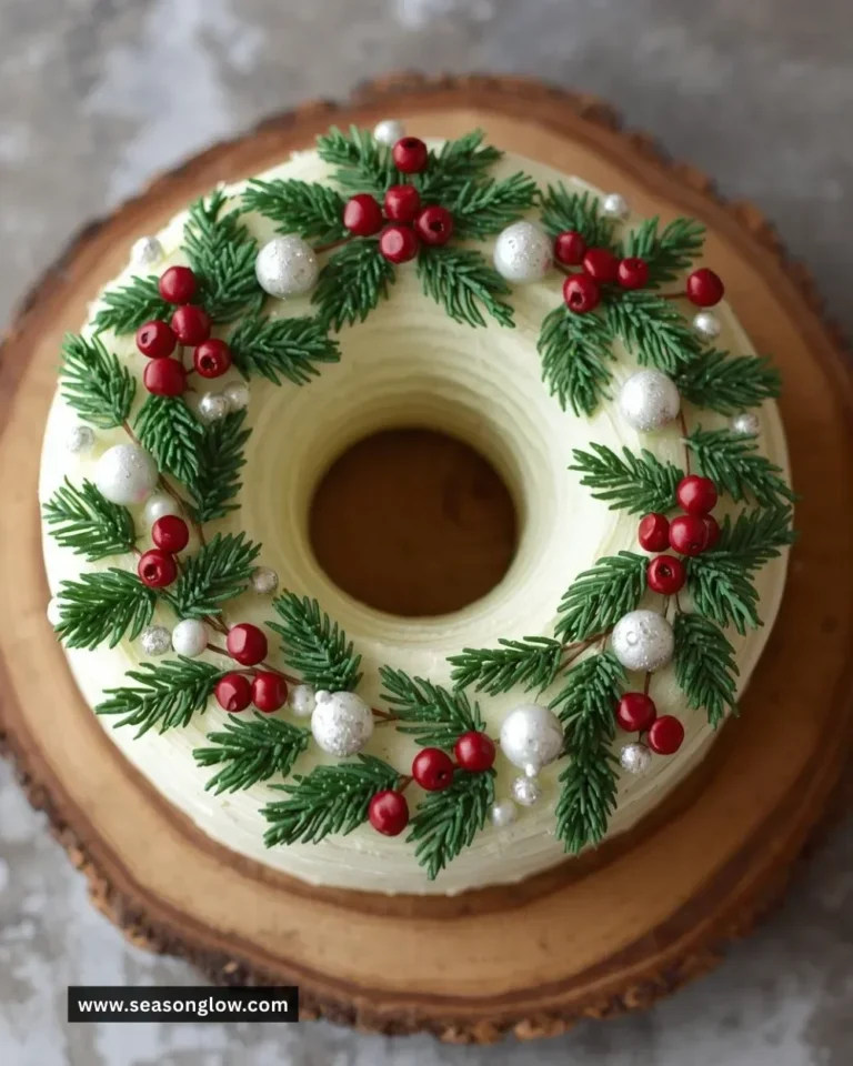 Decorative Christmas Wreath Cake adorned with festive icing and edible decorations.