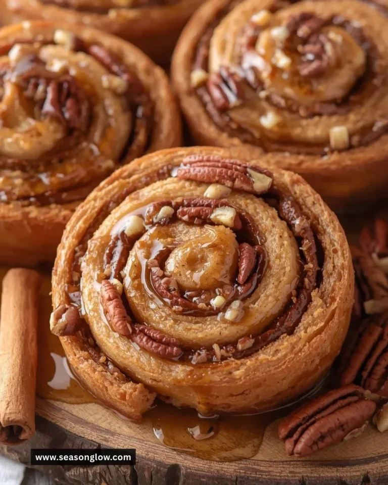 Delicious Cinnamon Maple Pecan Roulades drizzled with maple syrup and sprinkled with pecans.