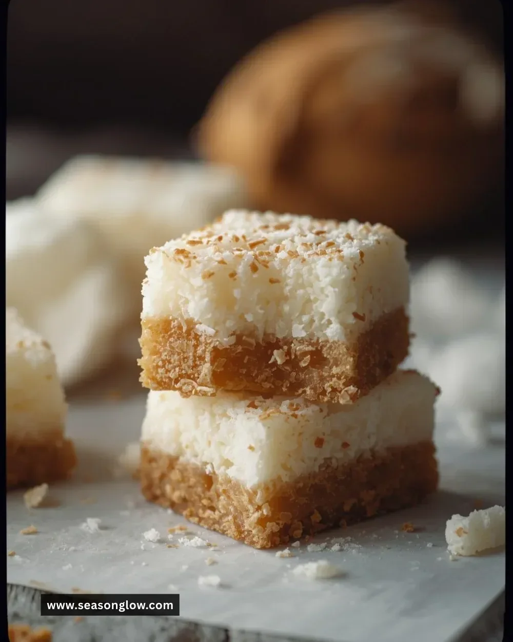 Delicious Coconut Rum Snow Squares topped with coconut flakes