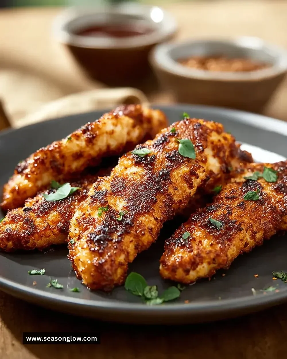 Plate of crispy blackened chicken tenders inspired by Popeye's recipe.