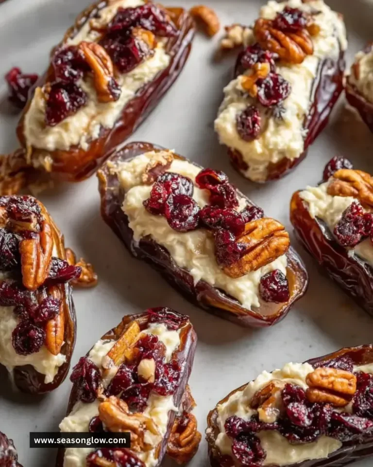 Cranberry pecan cream cheese stuffed dates on a serving platter