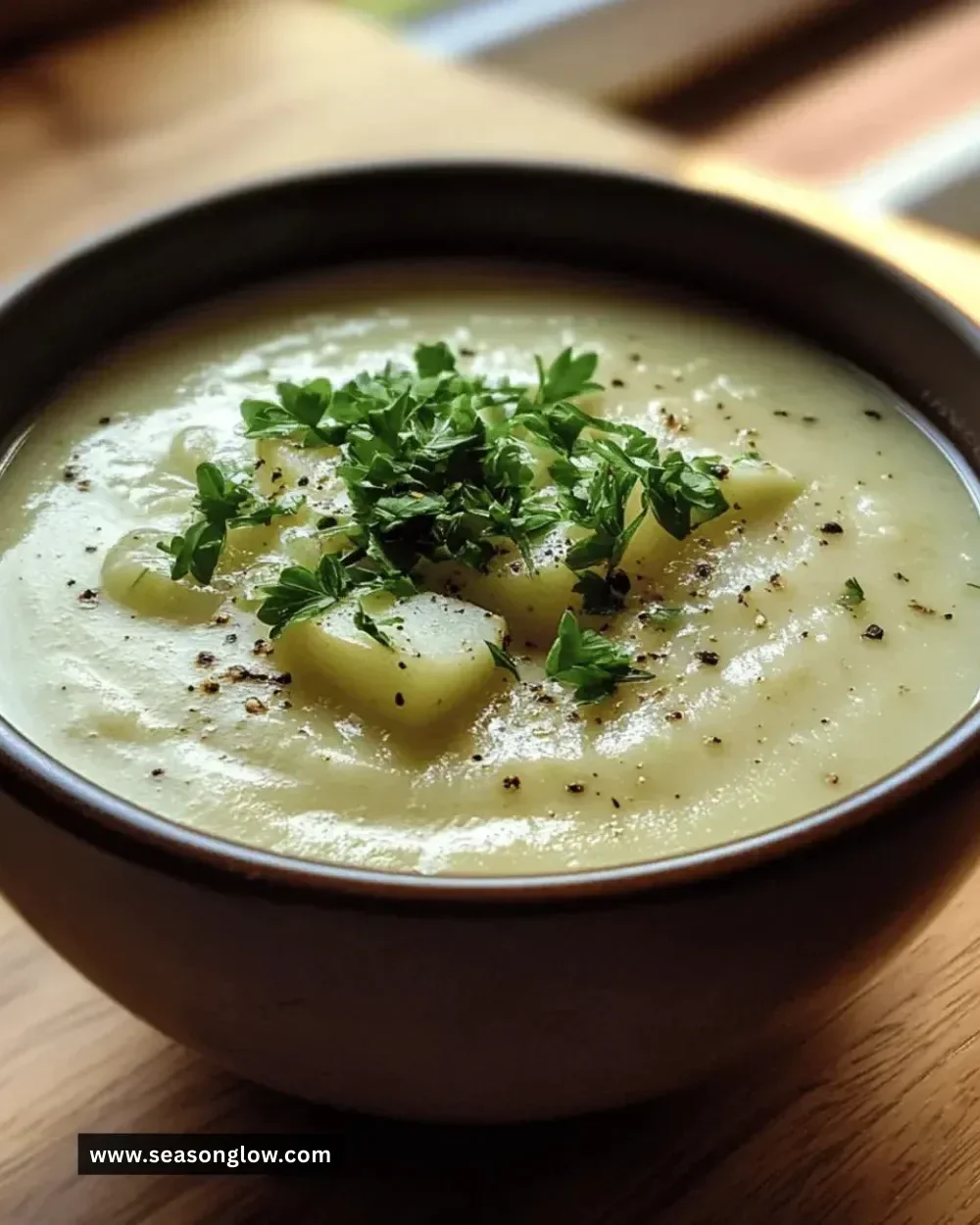 Bowl of creamy leek potato soup garnished with herbs