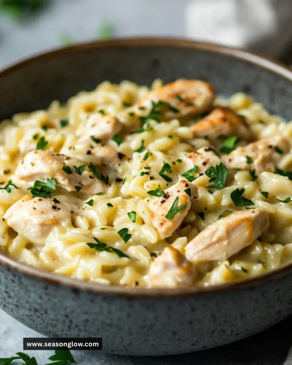 Creamy orzo with chicken served in a white bowl, garnished with parsley.