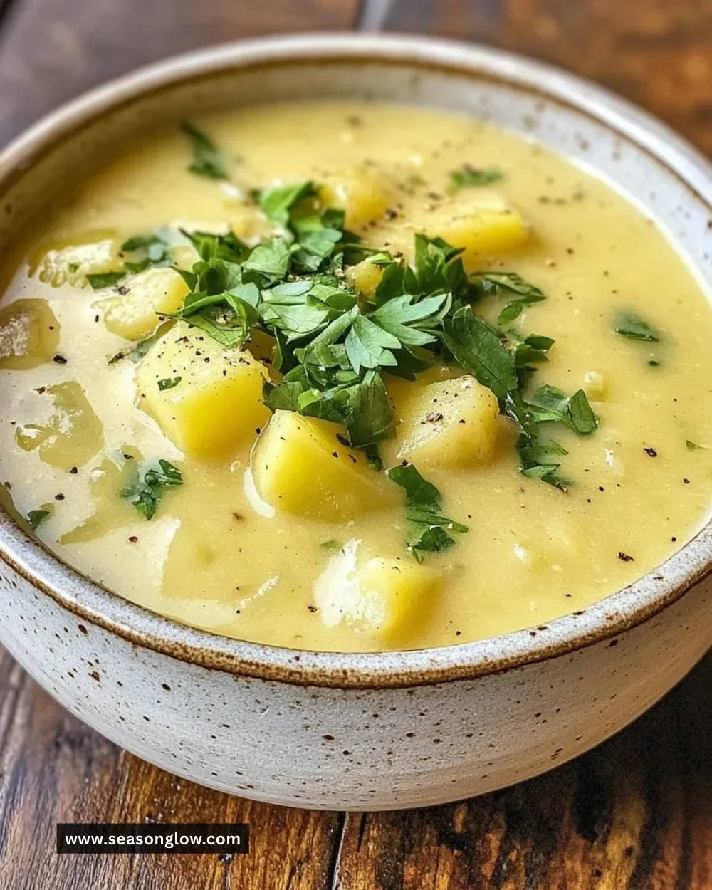 Bowl of creamy Peruvian potato soup garnished with herbs and spices