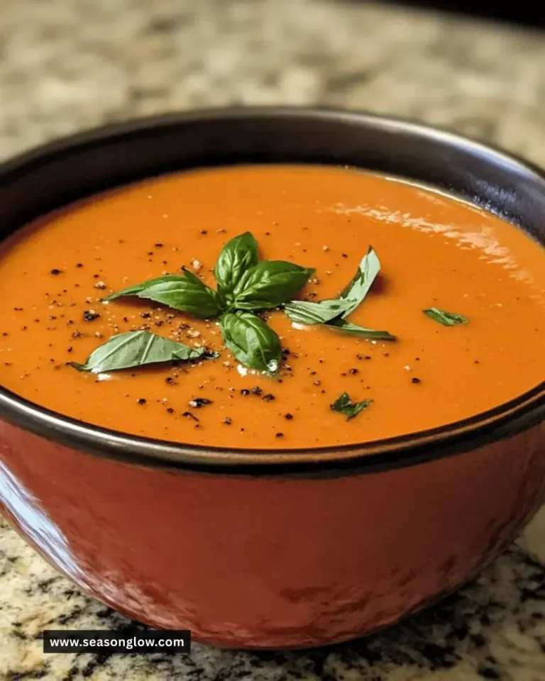Bowl of creamy tomato basil soup garnished with fresh basil leaves