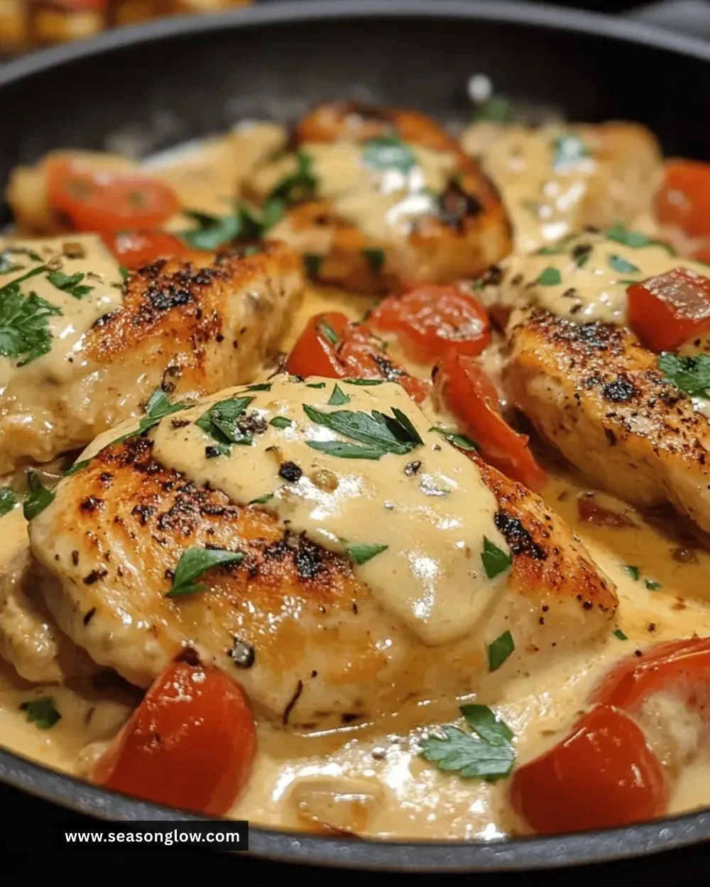 Creamy Tuscan chicken skillet served with vegetables and herbs