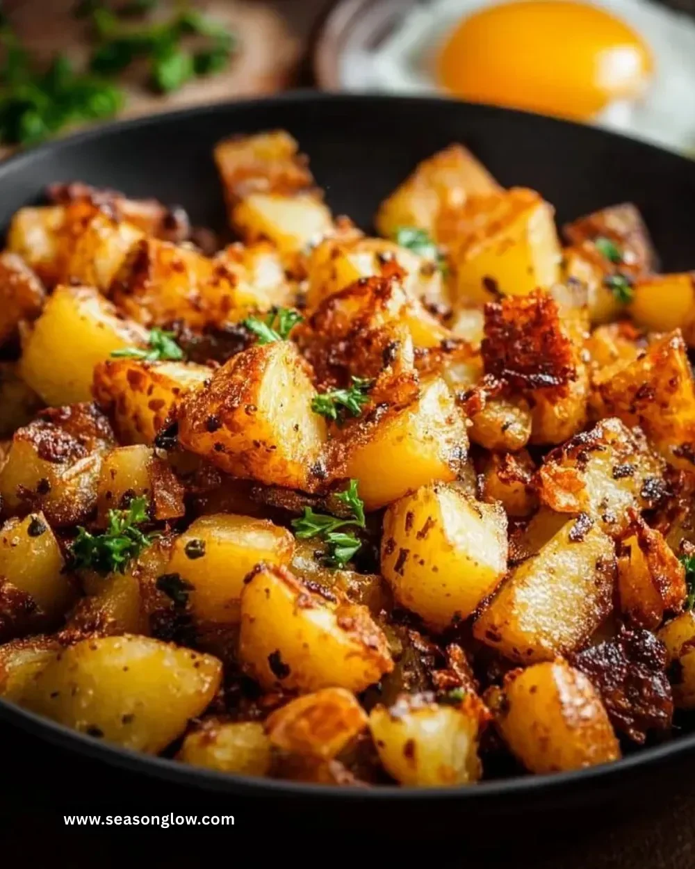 Plate of crispy breakfast potatoes seasoned to perfection.