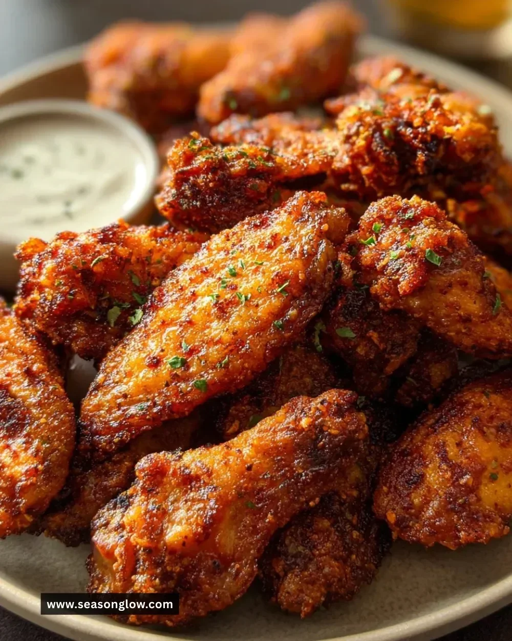 Crispy dry rub chicken wings served on a platter