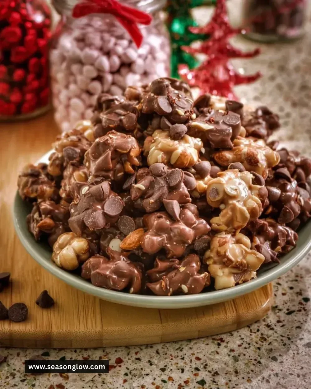 Crockpot Christmas candy being prepared in a slow cooker with festive decorations.