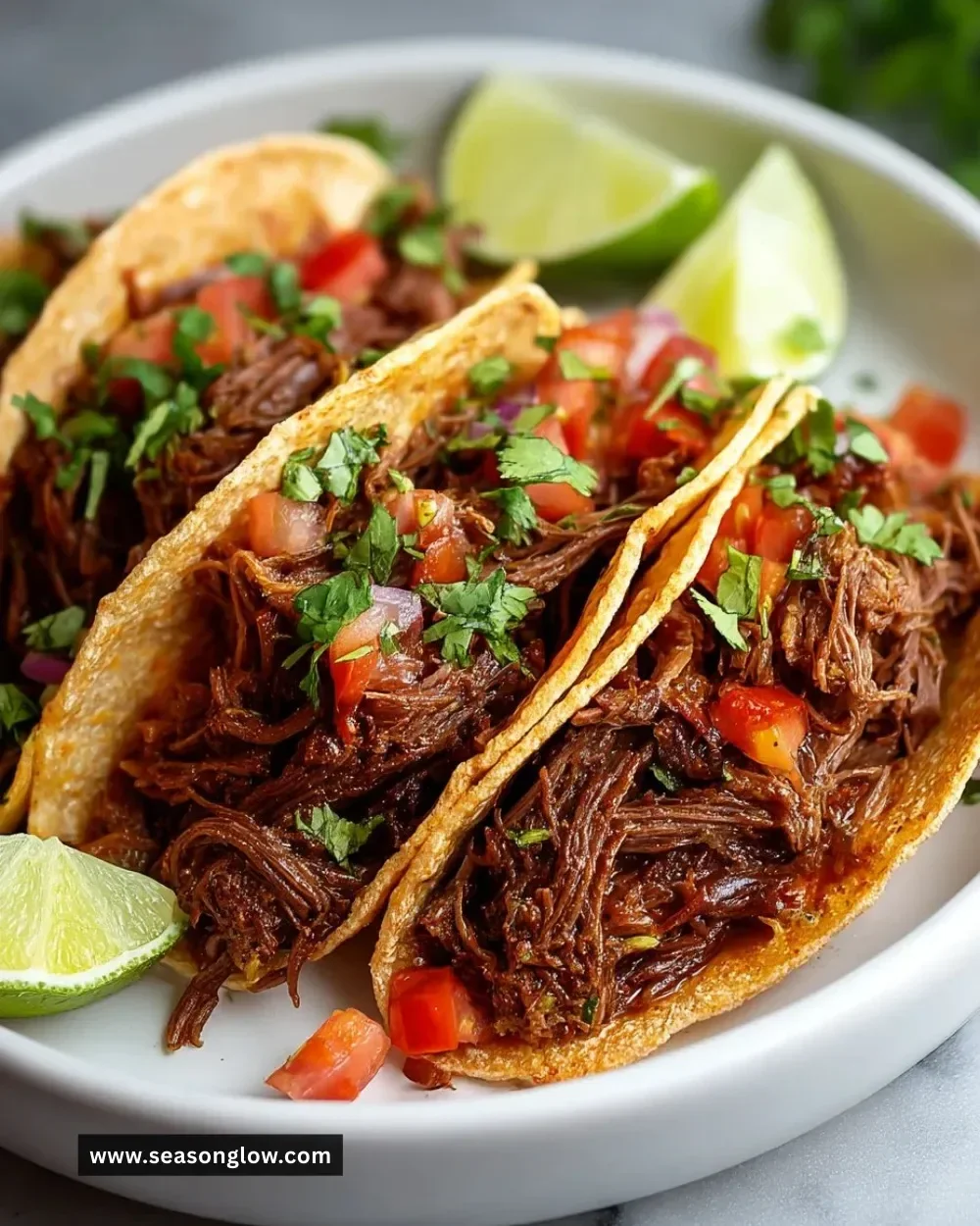 Crockpot Mexican shredded beef tacos with fresh toppings