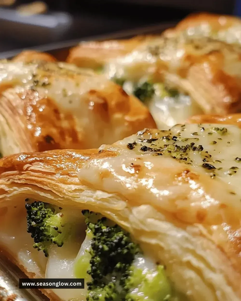 Cheesy broccoli puff pastry baked in golden pastry layers