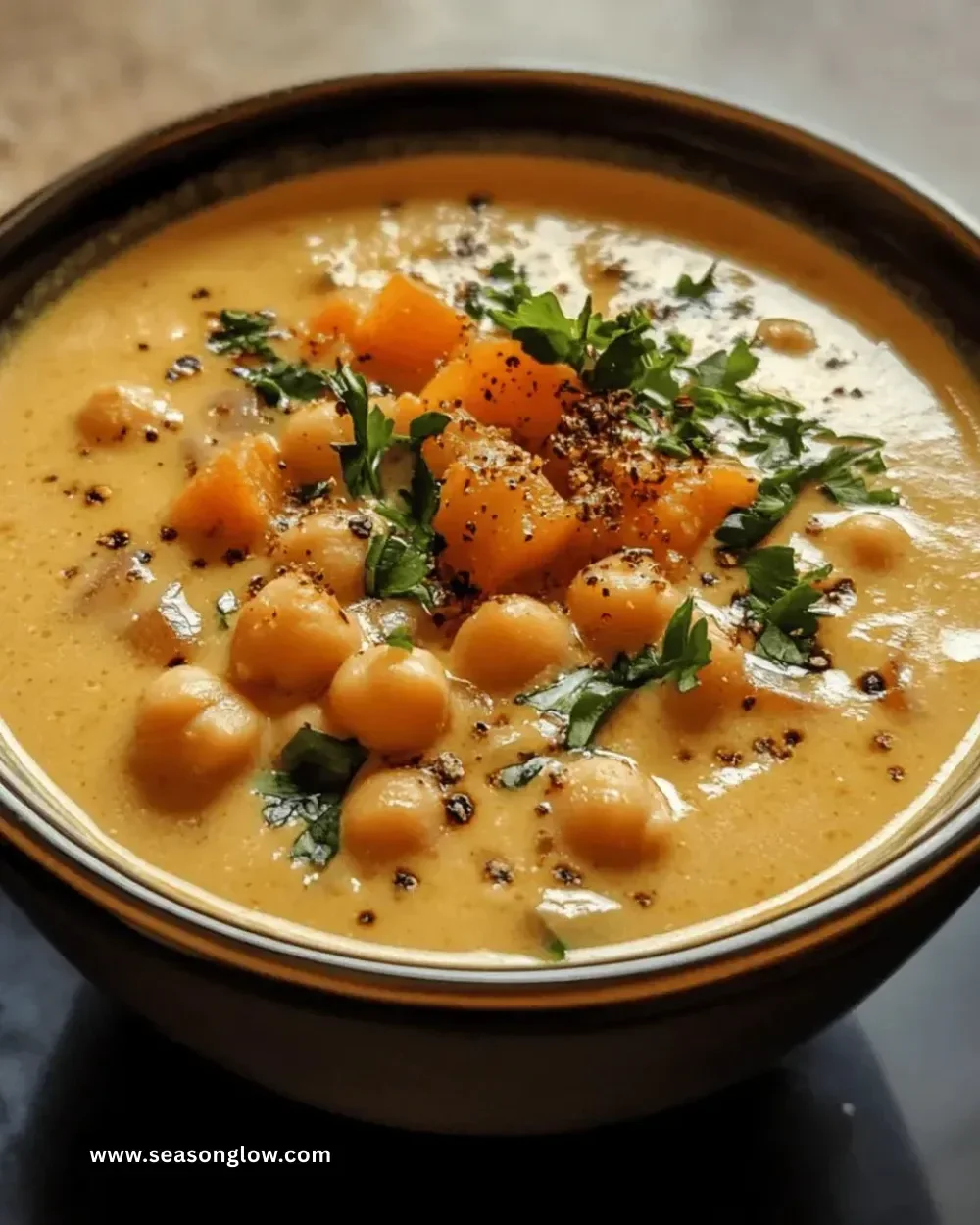 Bowl of easy coconut curry chickpea soup garnished with fresh herbs