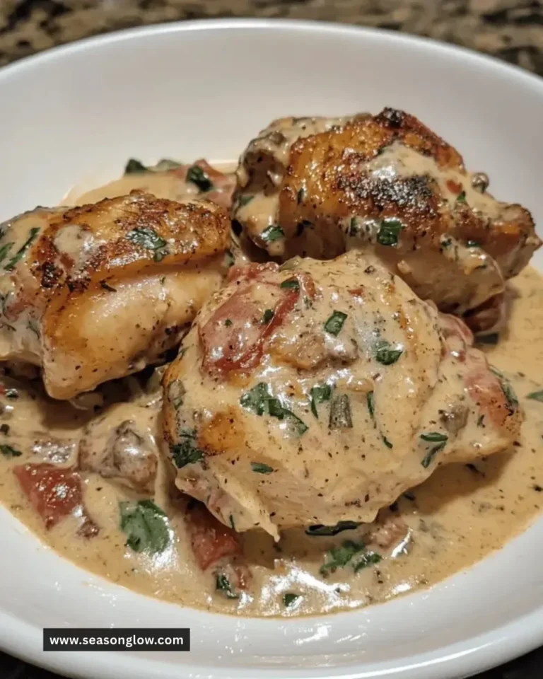 Crockpot creamy Tuscan chicken thighs garnished with herbs and served on a plate