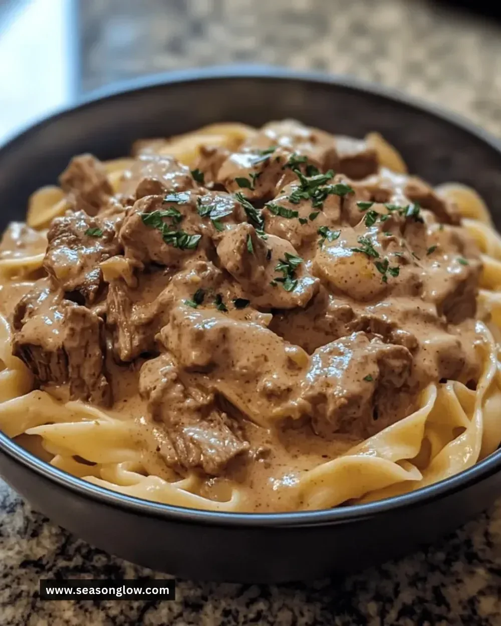 Delicious plate of Easy Instant Pot Beef Stroganoff served with noodles