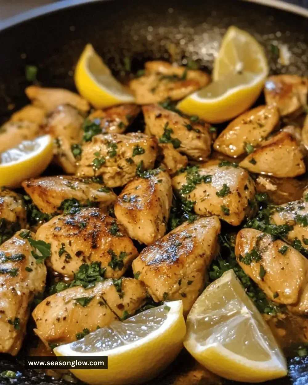 Skillet dish featuring easy juicy lemon herb chicken with fresh herbs and lemon slices