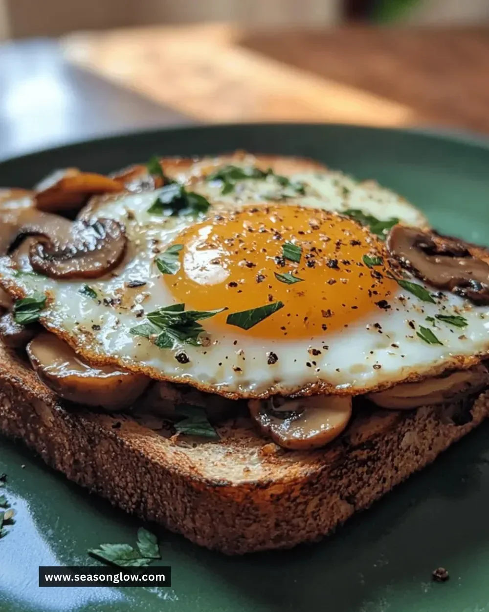 Delicious mushroom egg toast topped with herbs and served on toasted bread