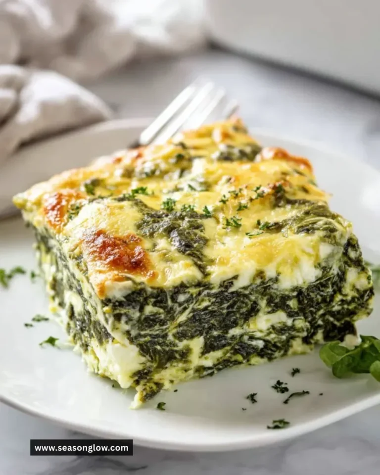Delicious easy spinach casserole served in a baking dish with cheese on top