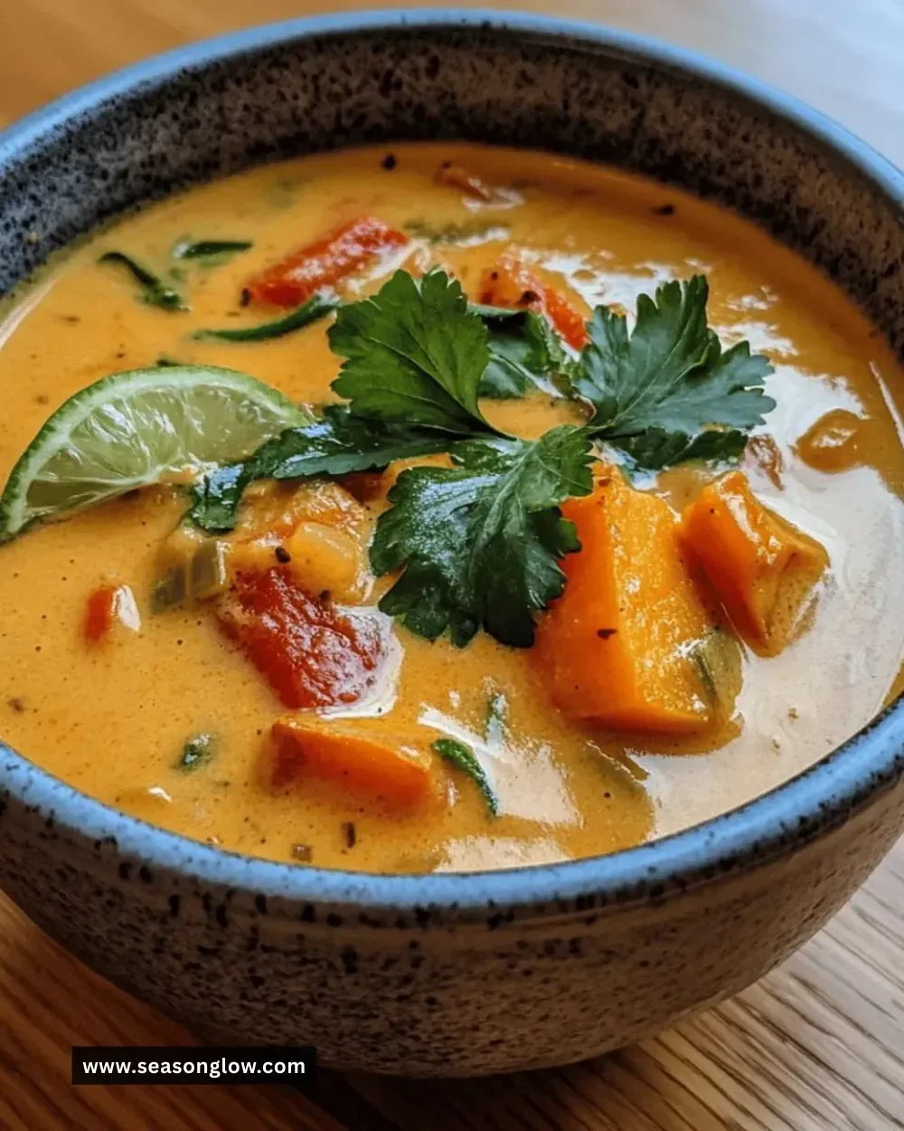 Bowl of Easy Thai Coconut Sweet Potato Soup garnished with herbs