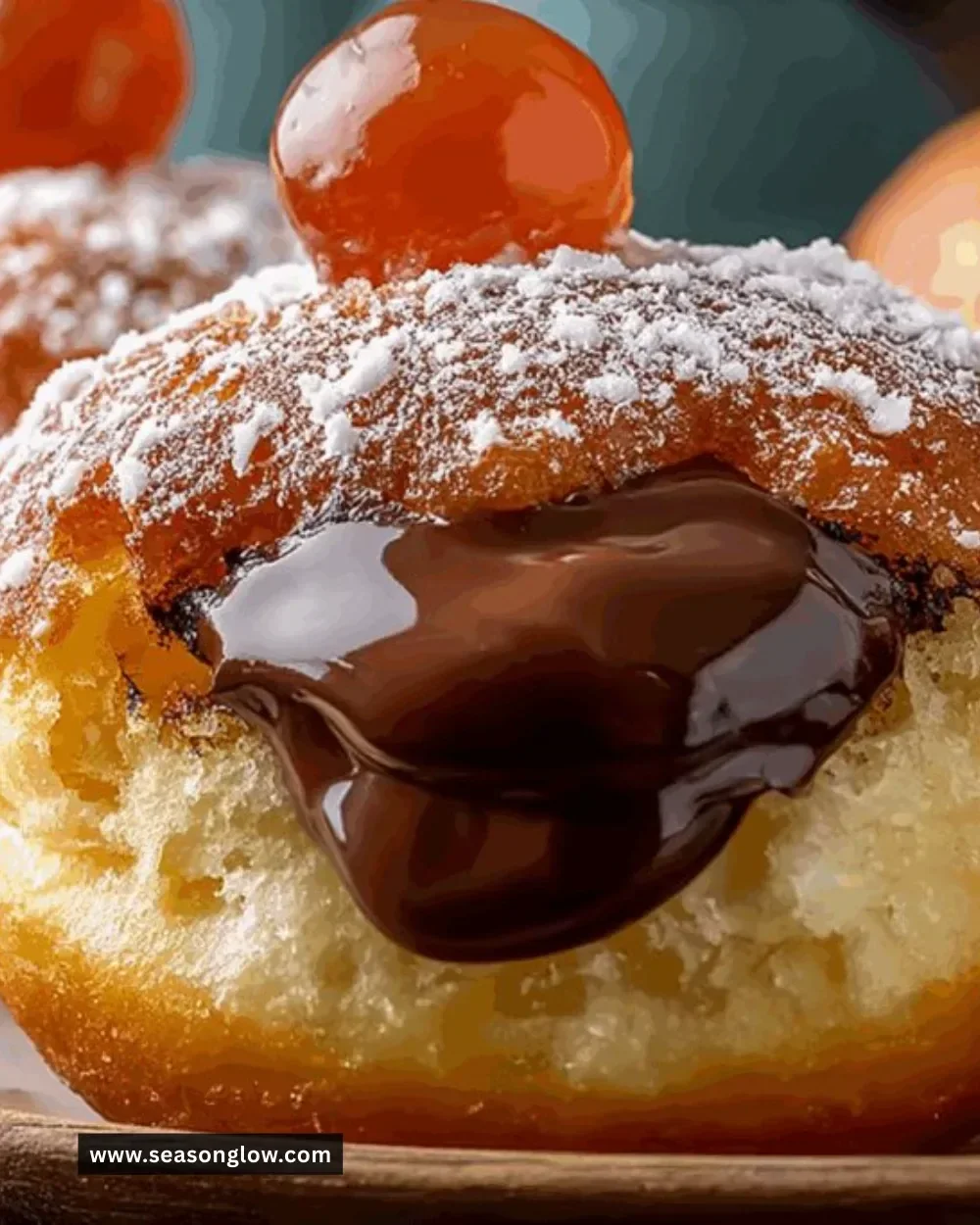 Fluffy brioche donuts filled with creamy chocolate filling on a plate