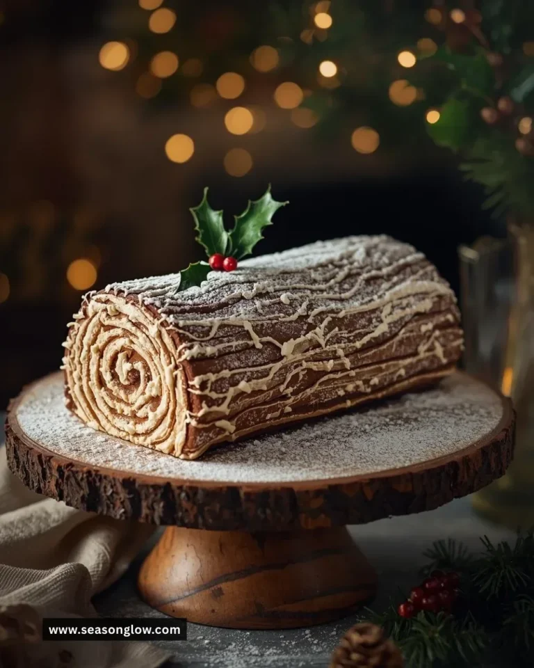 Gingerbread Christmas Log Cake decorated with festive icing and ornaments
