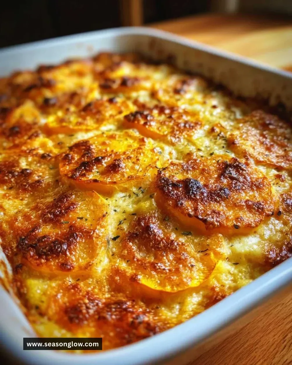 Delicious gluten-free squash casserole served in a baking dish.
