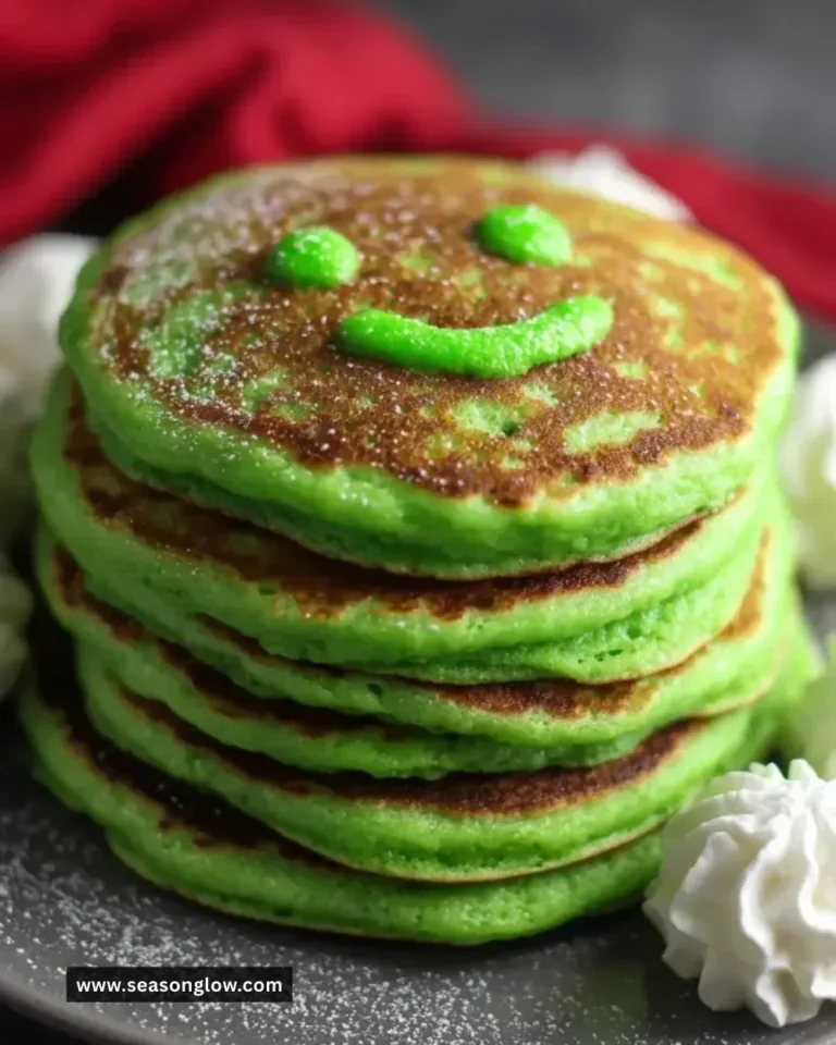 Delicious Grinch Pancakes topped with festive decorations
