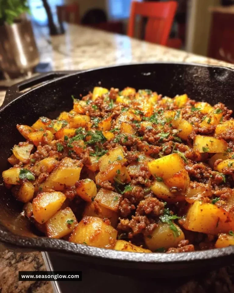 Savory ground beef and potato hash served in a skillet