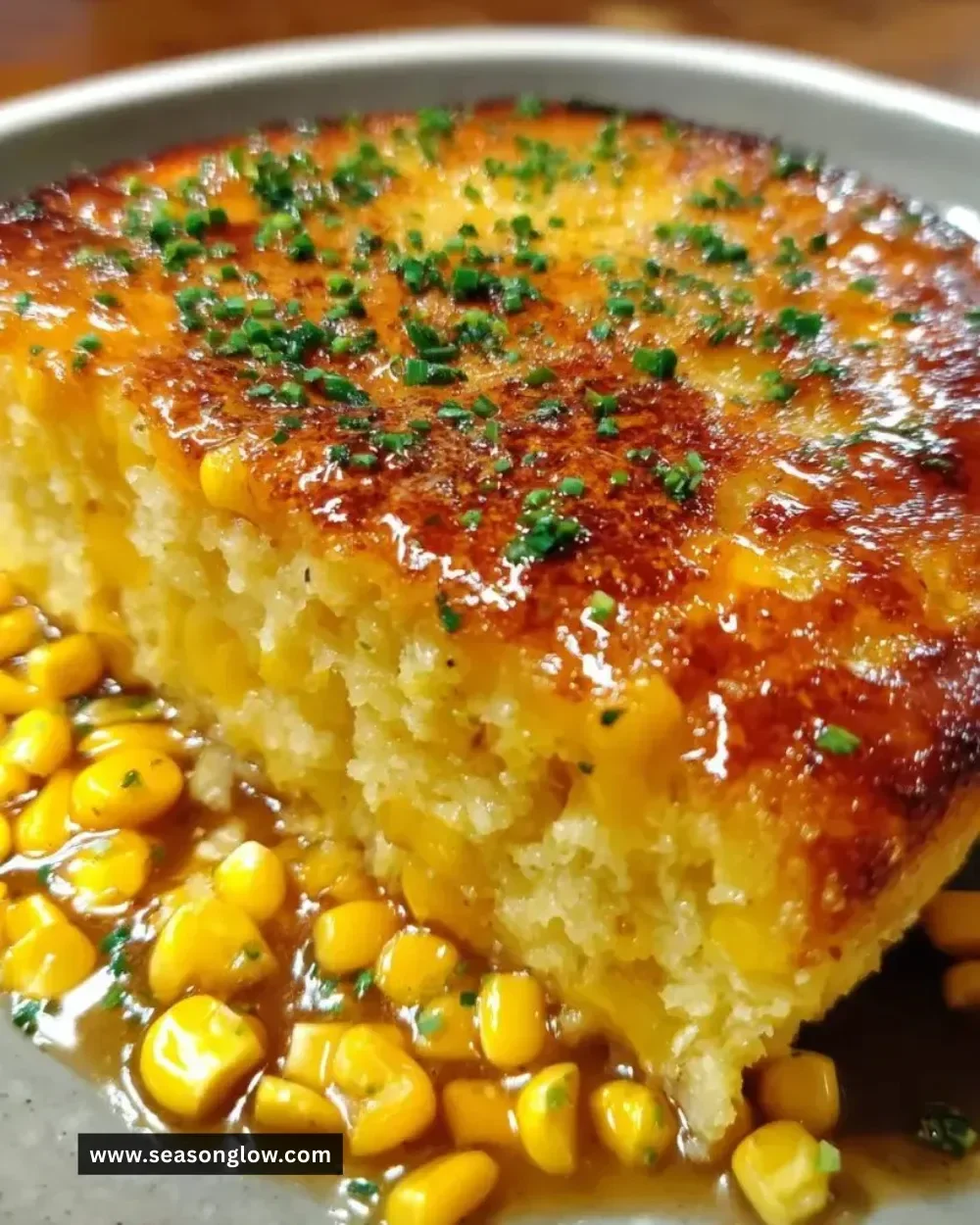 Honey Glazed Corn Casserole topped with sweet glaze served in a baking dish.