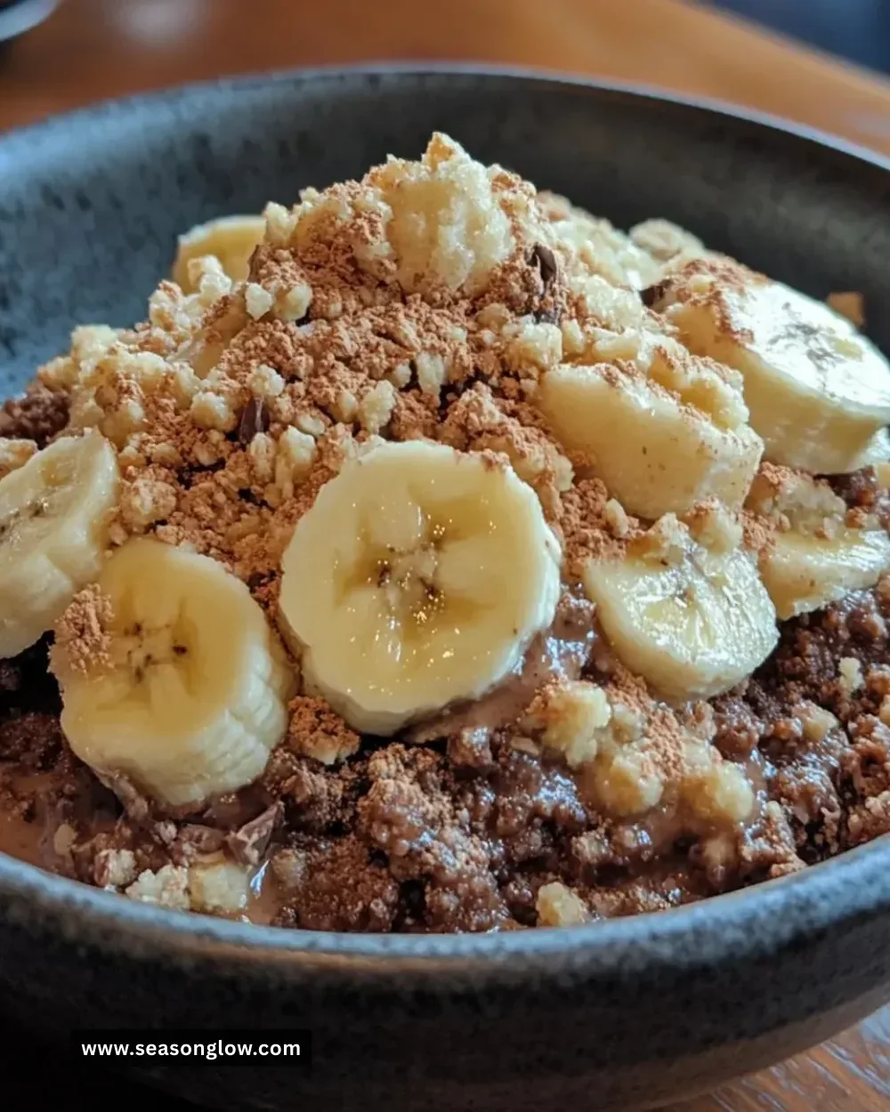 Delicious banana cocoa crumble dessert topped with chocolate and banana slices