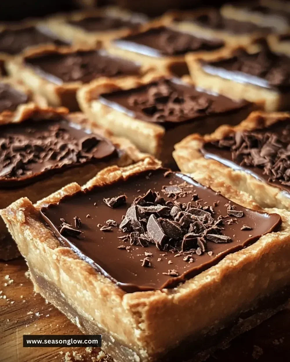 Delicious chocolate espresso tart squares topped with chocolate ganache and coffee beans