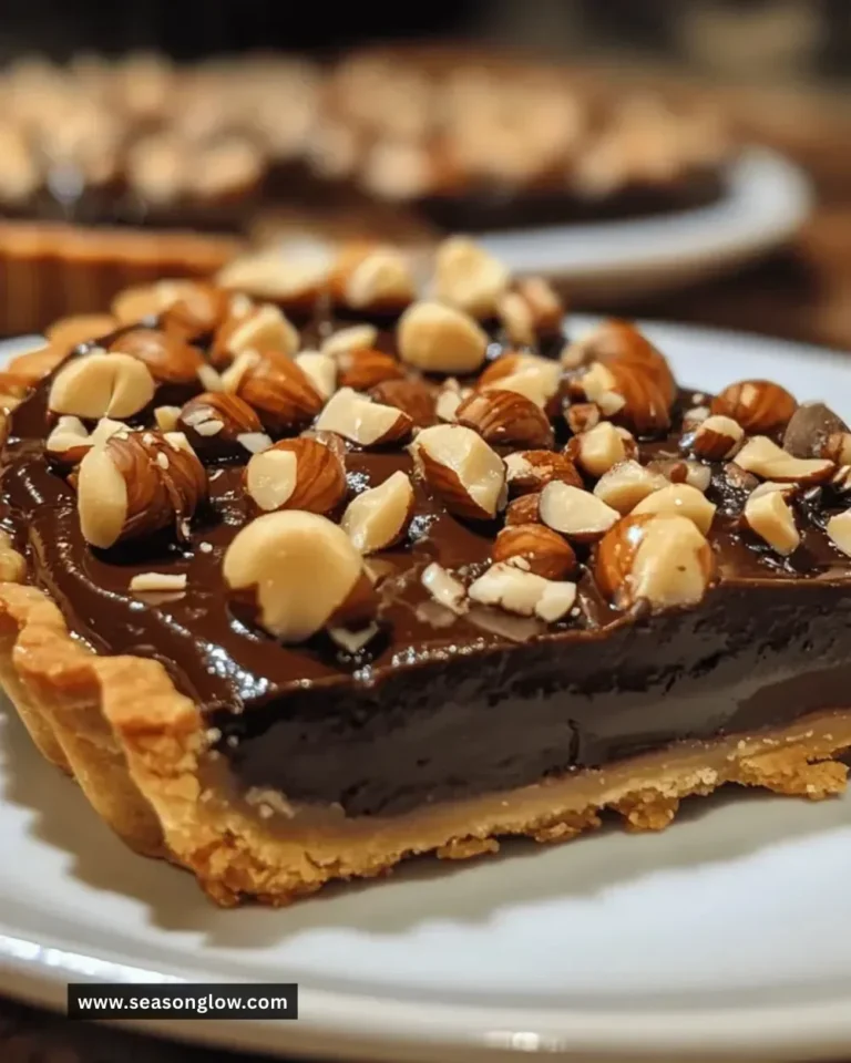 Delicious Chocolate Hazelnut Tart topped with hazelnuts and chocolate drizzle