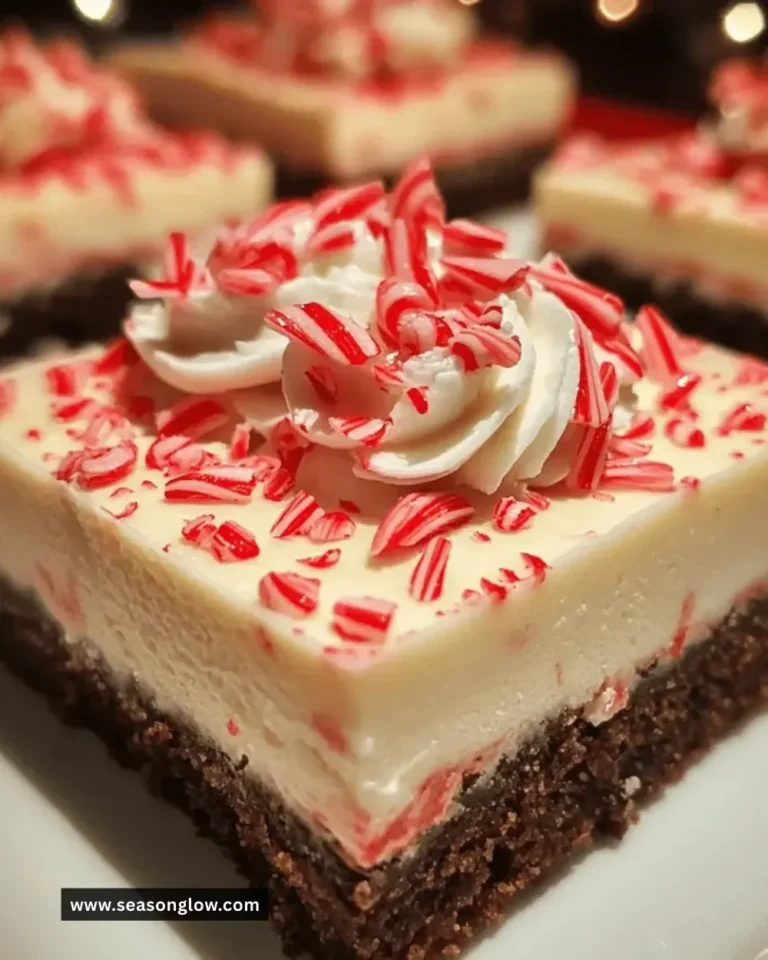 Delicious Christmas peppermint cheesecake bars topped with crushed candy canes