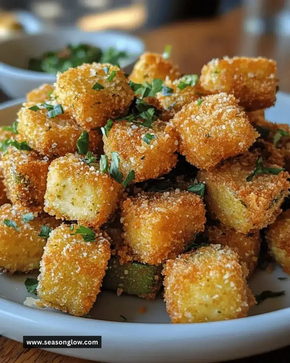 Crispy Parmesan Zucchini Bites served with dipping sauce on a plate
