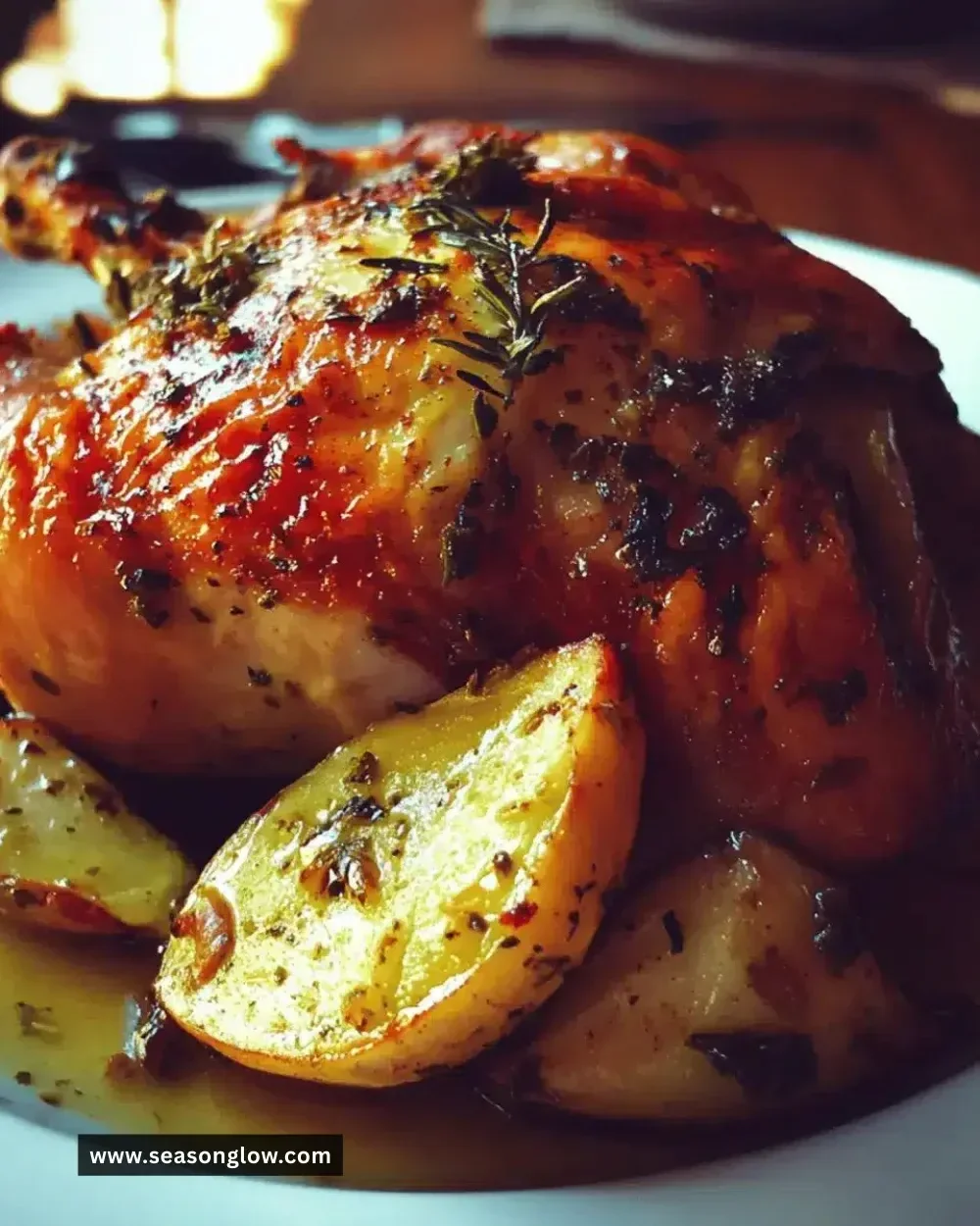 Juicy herb-rubbed roast chicken served with pan drippings on a plate.
