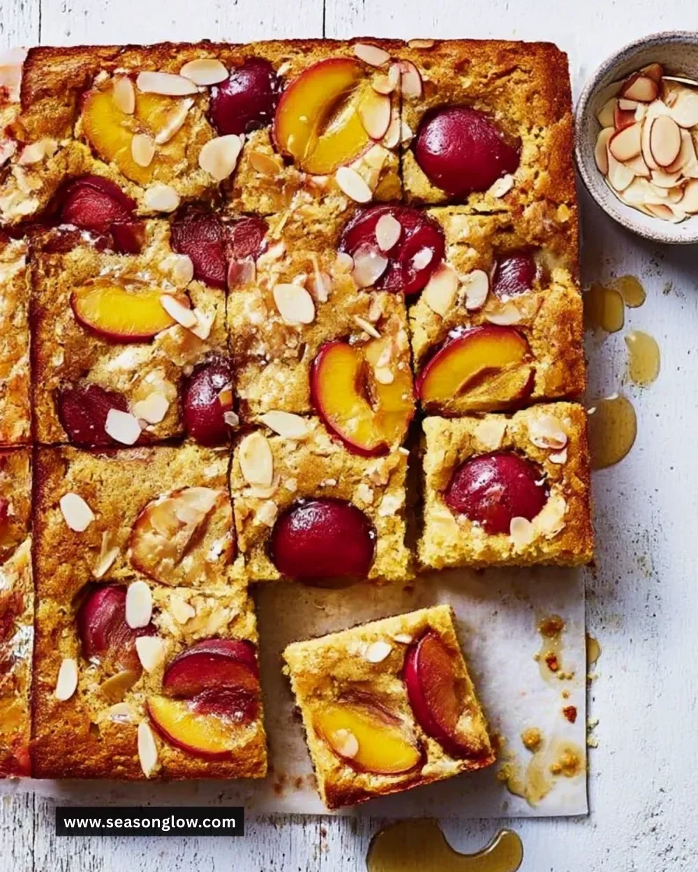 Lighter Plum and Almond Traybake on a serving plate with fresh plums