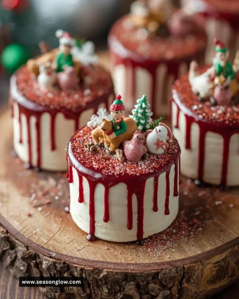 Mini Christmas Drip Cakes topped with festive decorations and delicious frosting