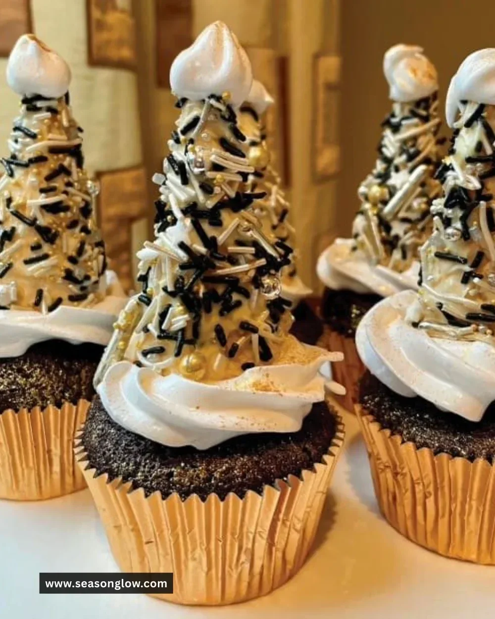 A delicious spread of colorful New Year’s Eve celebration cupcakes decorated for the occasion.