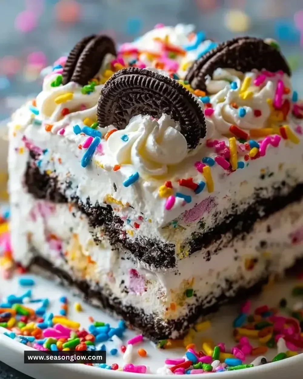 No-Bake Funfetti Oreo Icebox Cake with colorful sprinkles and crushed Oreos