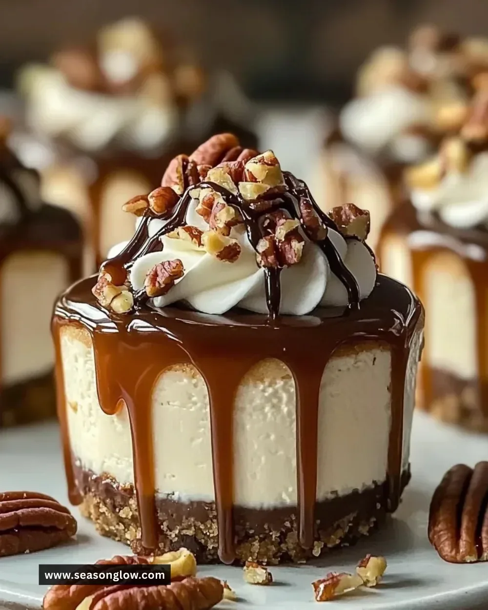 Delicious no bake turtle mini cheesecake topped with chocolate and caramel sauce