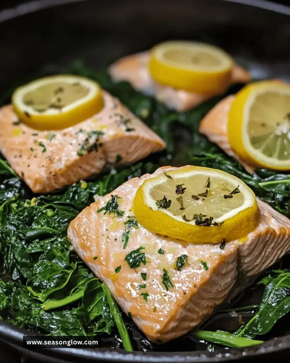 One-pan lemon herb salmon with fresh greens on a plate.