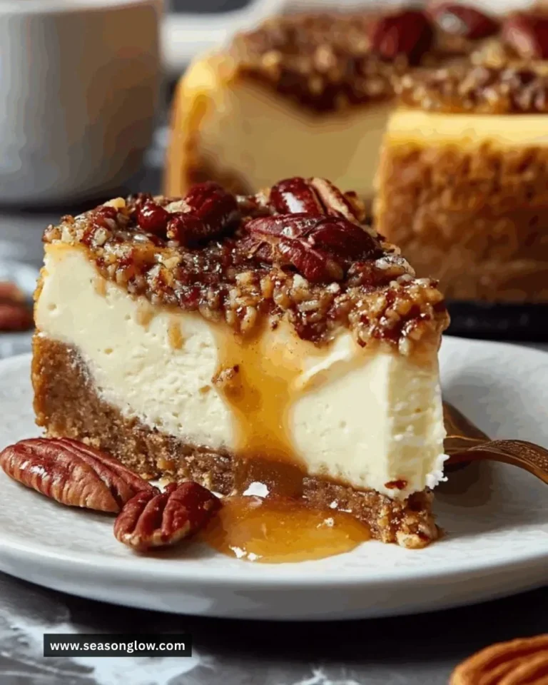 Delicious slice of pecan pie cheesecake topped with caramel and pecans