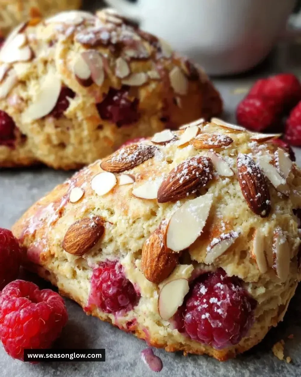 Delicious raspberry almond scones fresh from the oven, garnished with almonds.