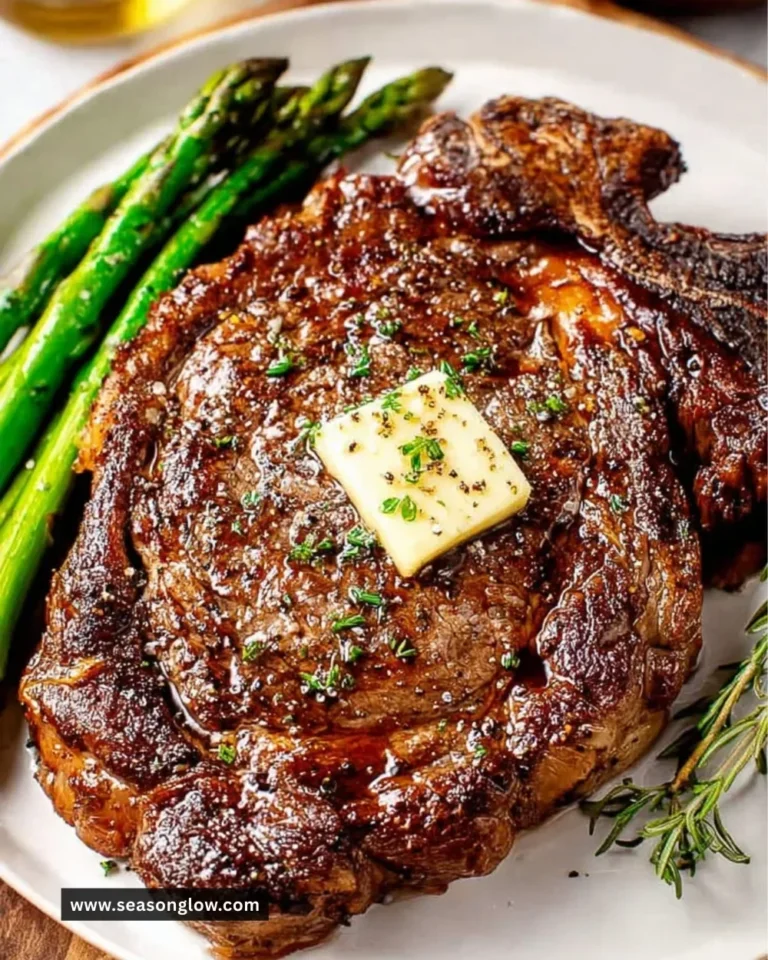 Perfectly cooked ribeye steak on a plate with herbs and spices