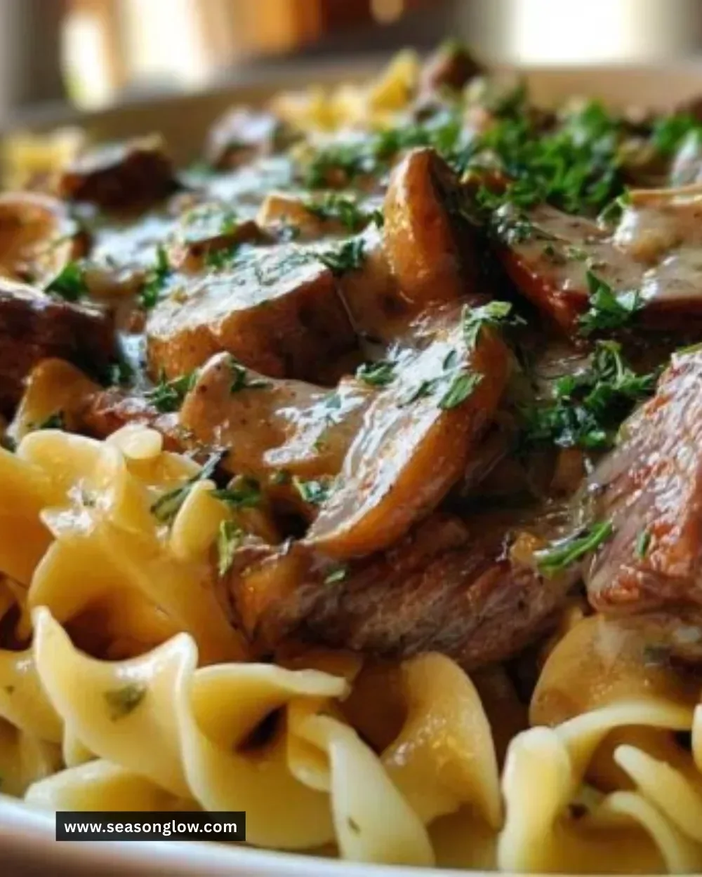 Delicious speedy Stroganoff served with beef and creamy sauce.
