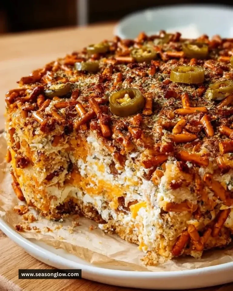 Spicy Ranch Pretzel Chaos Cake topped with ranch seasoning and pretzel pieces.
